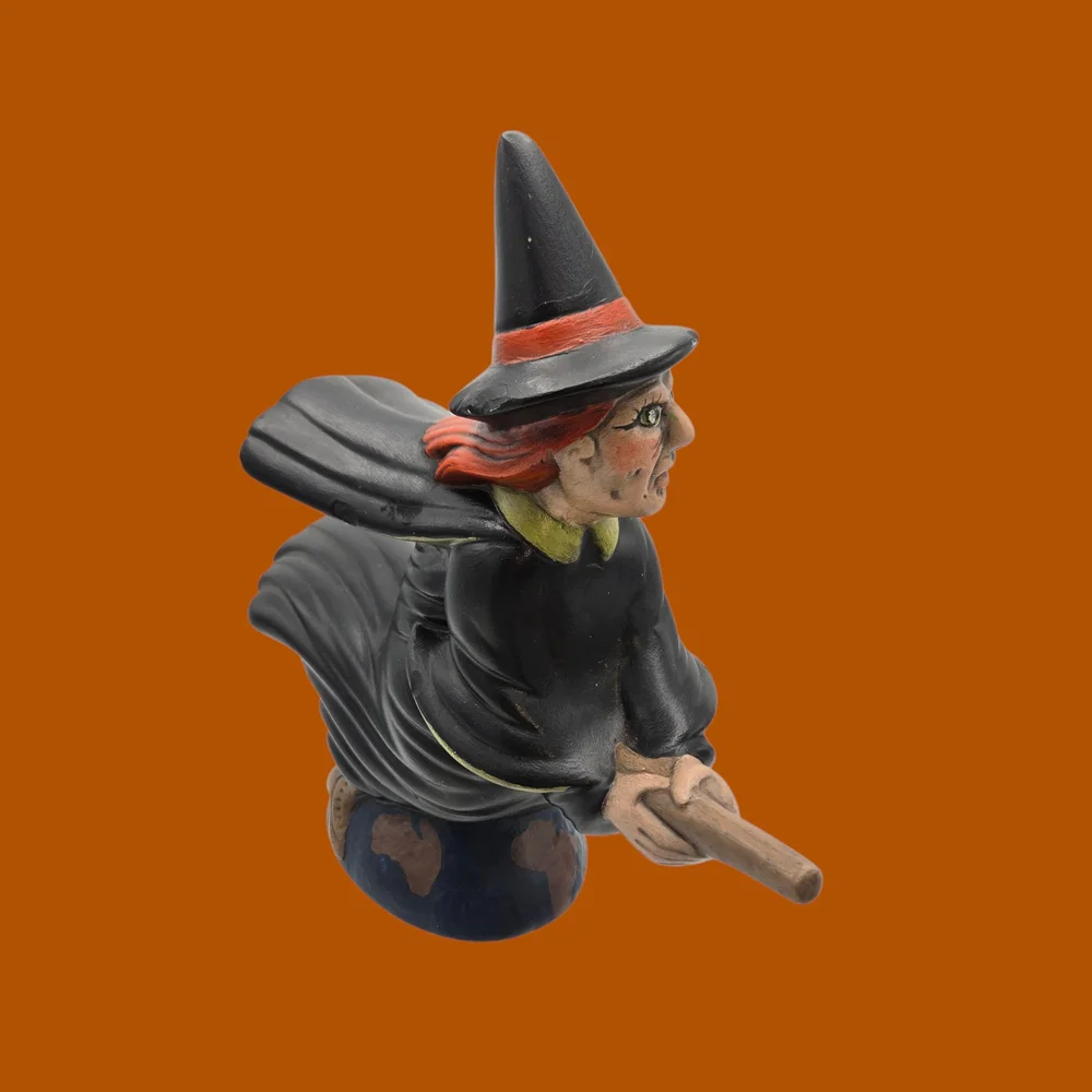 VTG Ceramic Scary Witch Flying on Broomstick Halloween Decor 1970's Granny Core